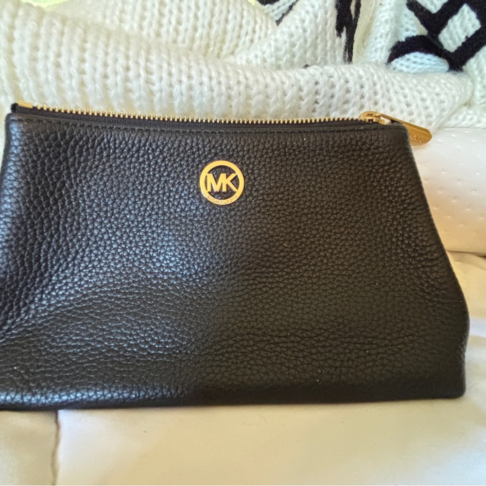 Michael Kors Black Leather Clutch with Gold Accents